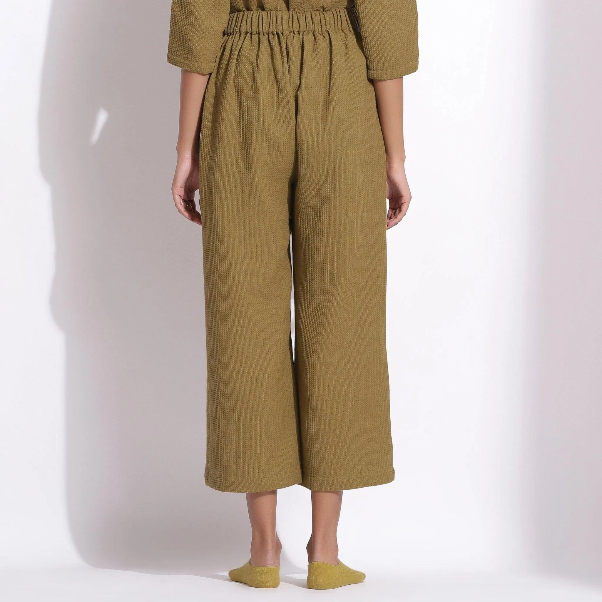 Olive Green Cotton Waffle Top and Culottes Pant Co-ord Set