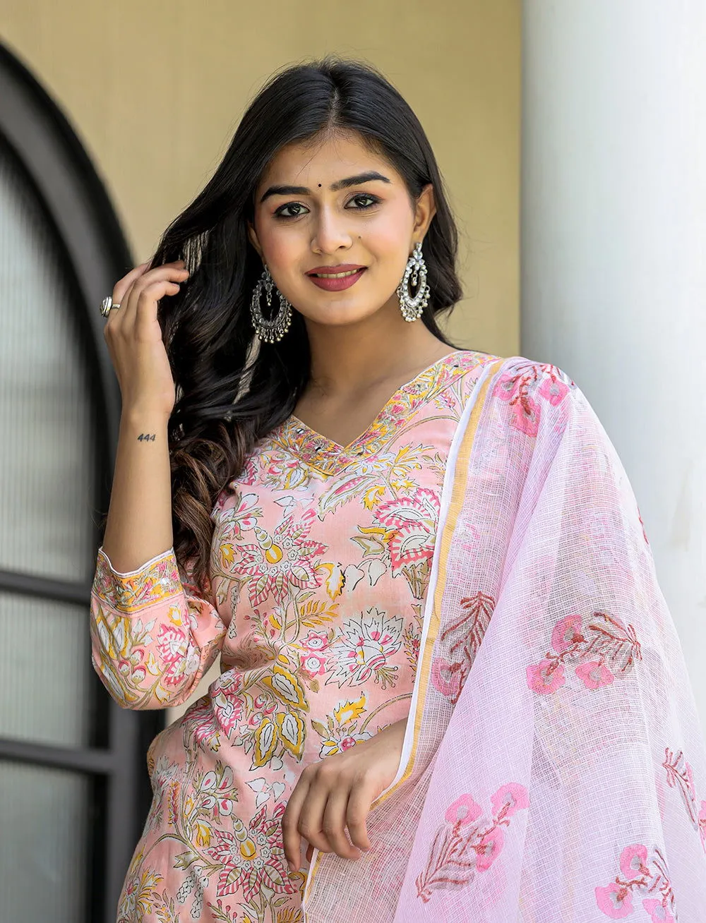 Pink Floral Printed Cotton Suit Set (pack of 3)