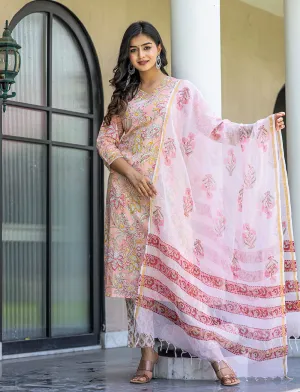 Pink Floral Printed Cotton Suit Set (pack of 3)