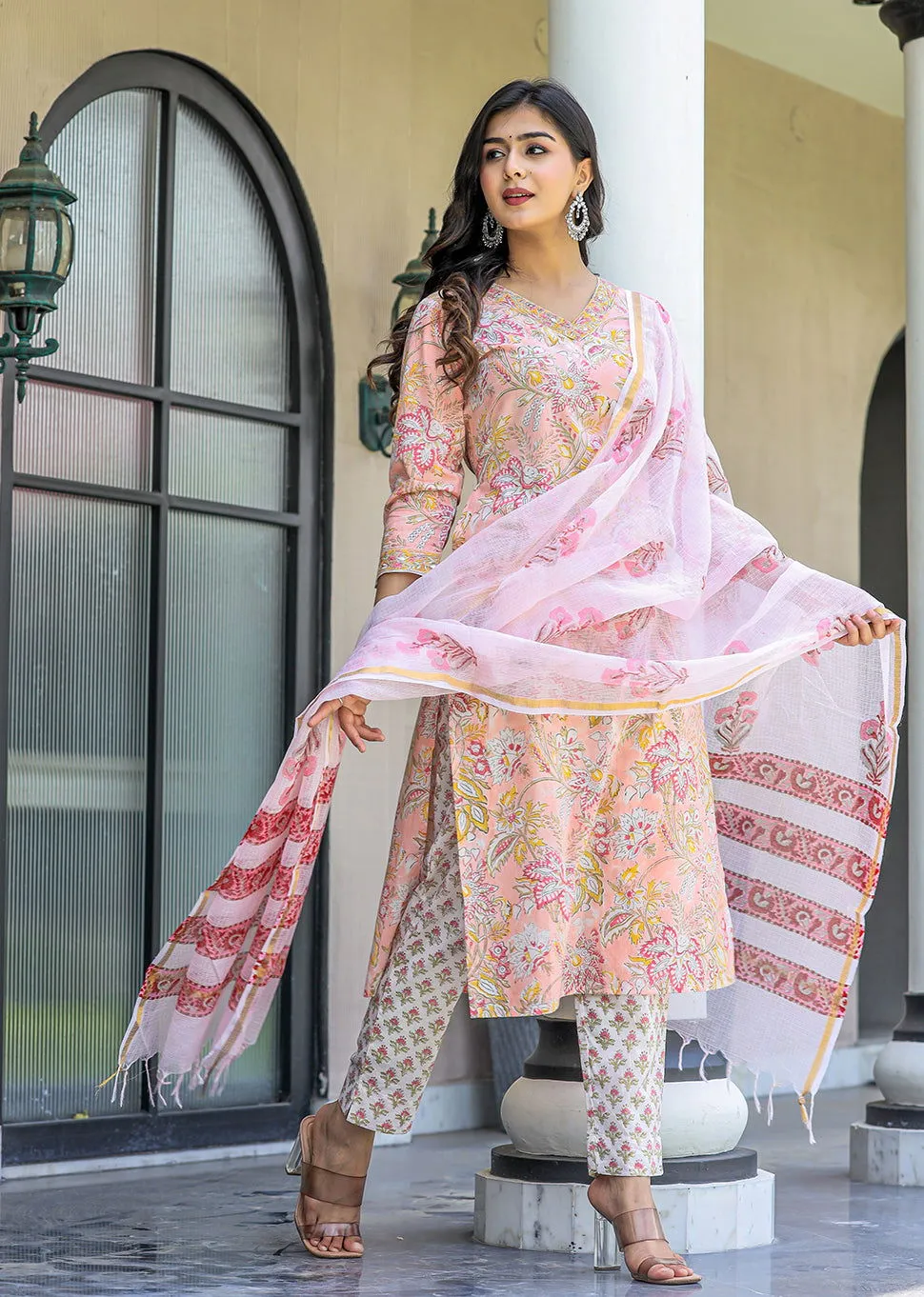 Pink Floral Printed Cotton Suit Set (pack of 3)