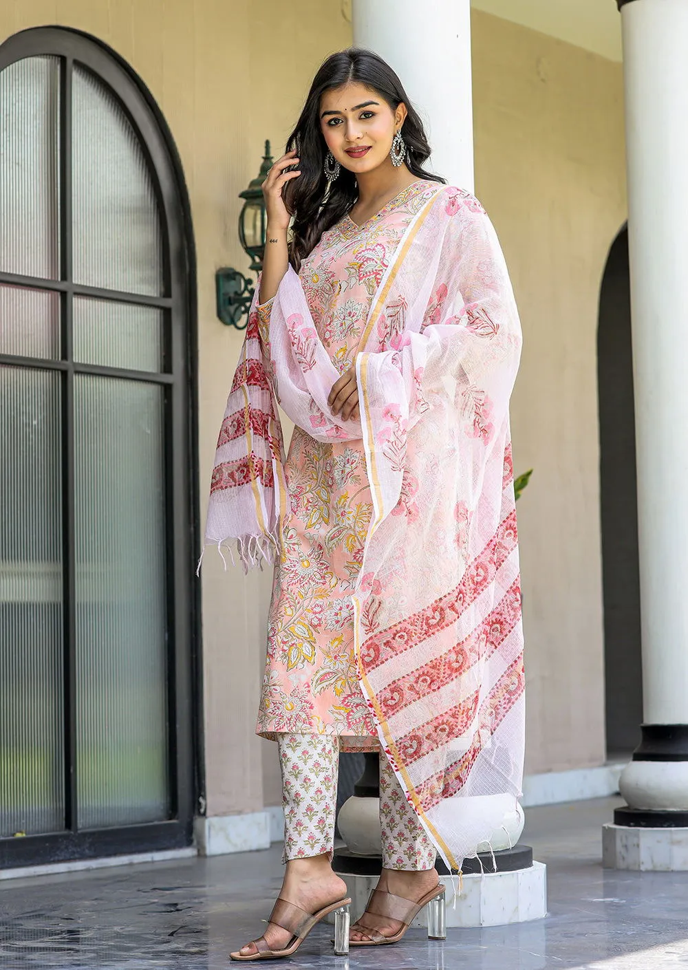 Pink Floral Printed Cotton Suit Set (pack of 3)