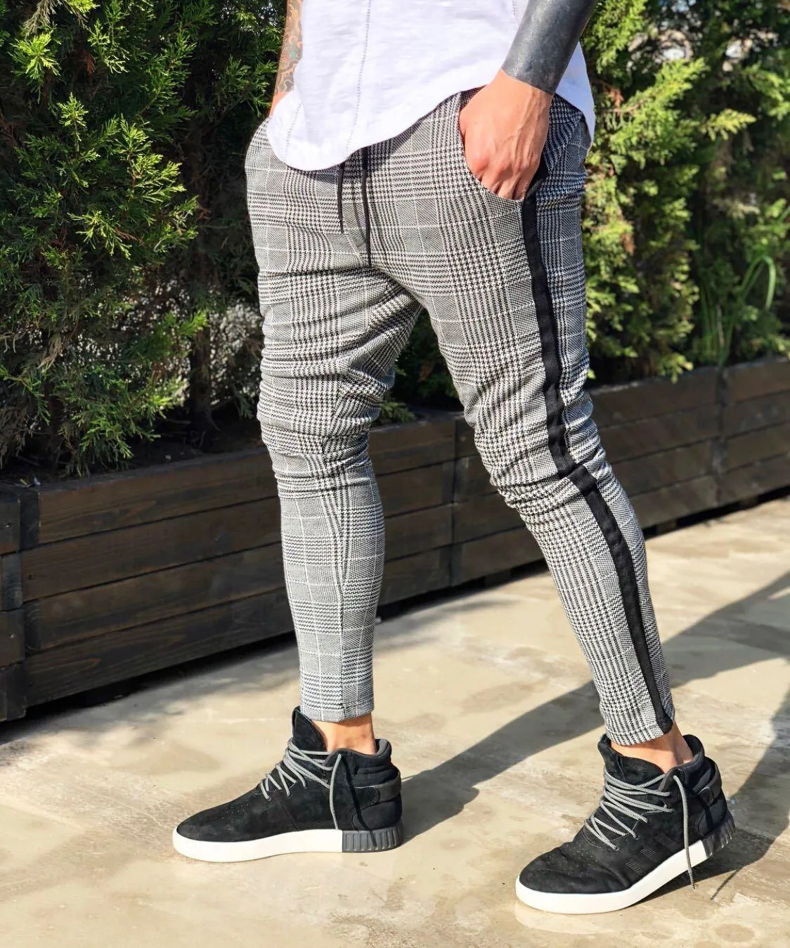 Plaid Print Casual Pants Men