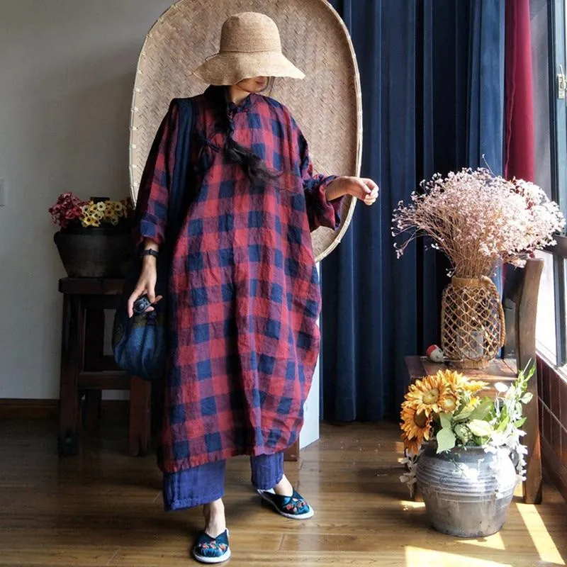 Red and Blue Plaid Linen Shirt Dress | Hippie