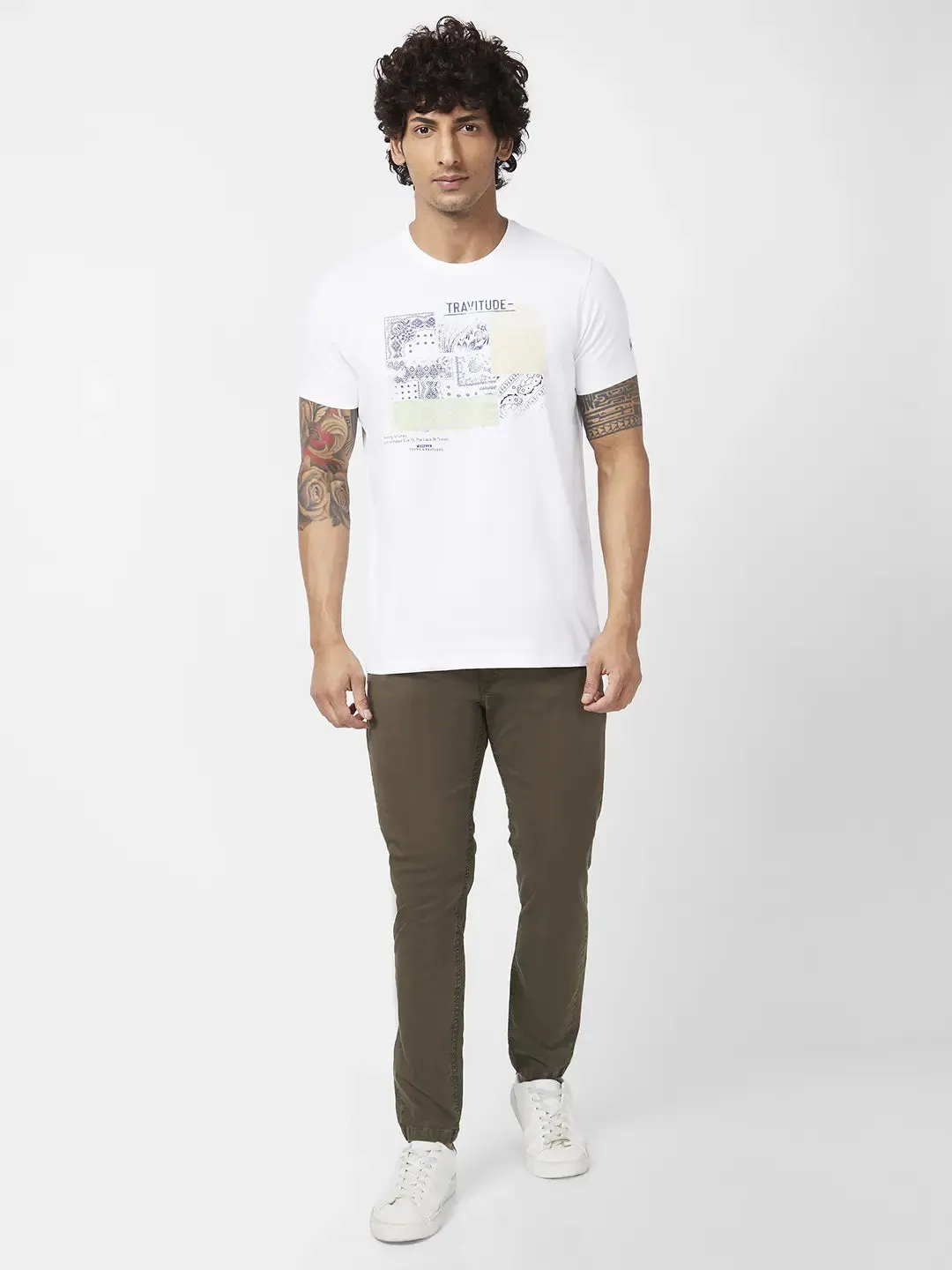 Spykar Men Olive Green Cotton Slim Fit Ankle Length Mid Rise Trousers