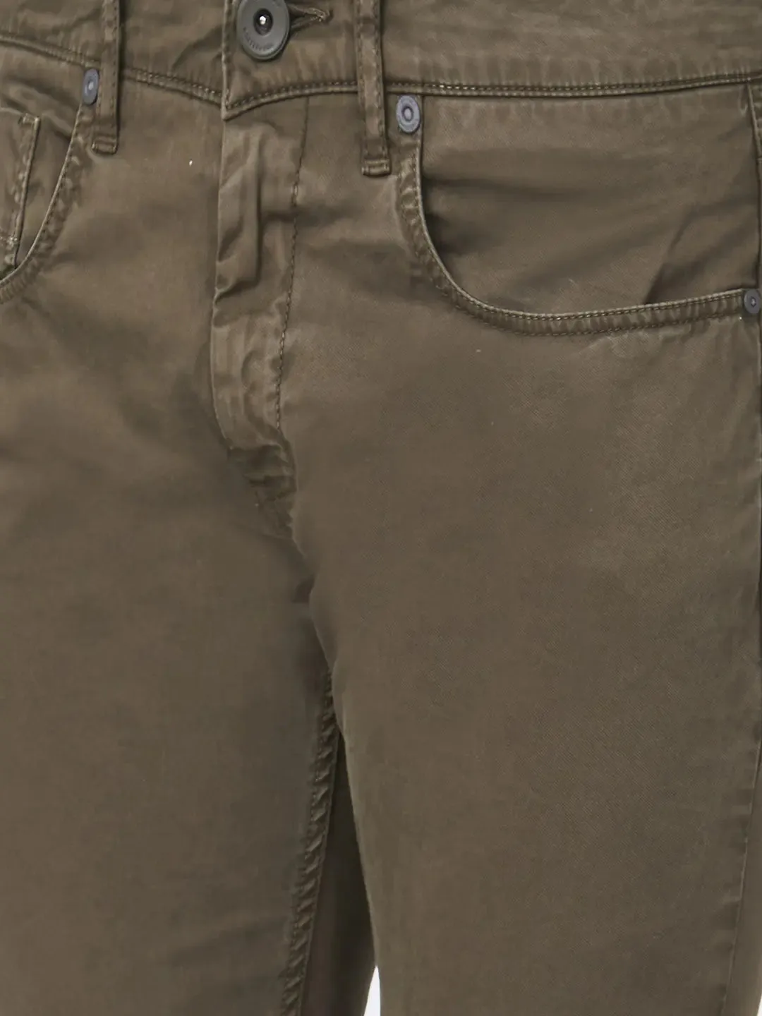 Spykar Men Olive Green Cotton Slim Fit Ankle Length Mid Rise Trousers