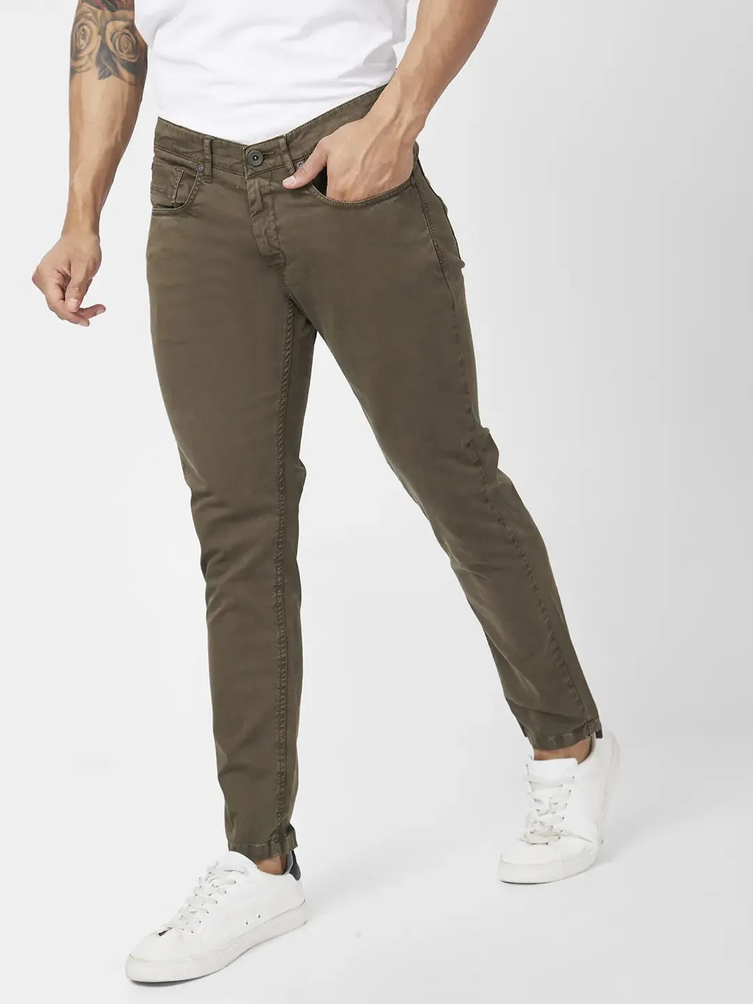 Spykar Men Olive Green Cotton Slim Fit Ankle Length Mid Rise Trousers