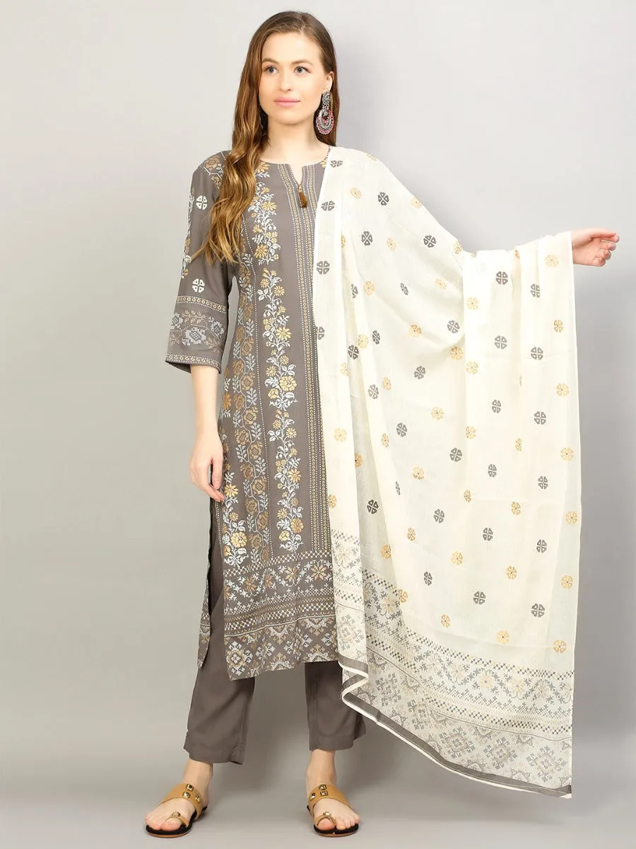 Women Grey Floral Printed Kurta Trouser Dupatta