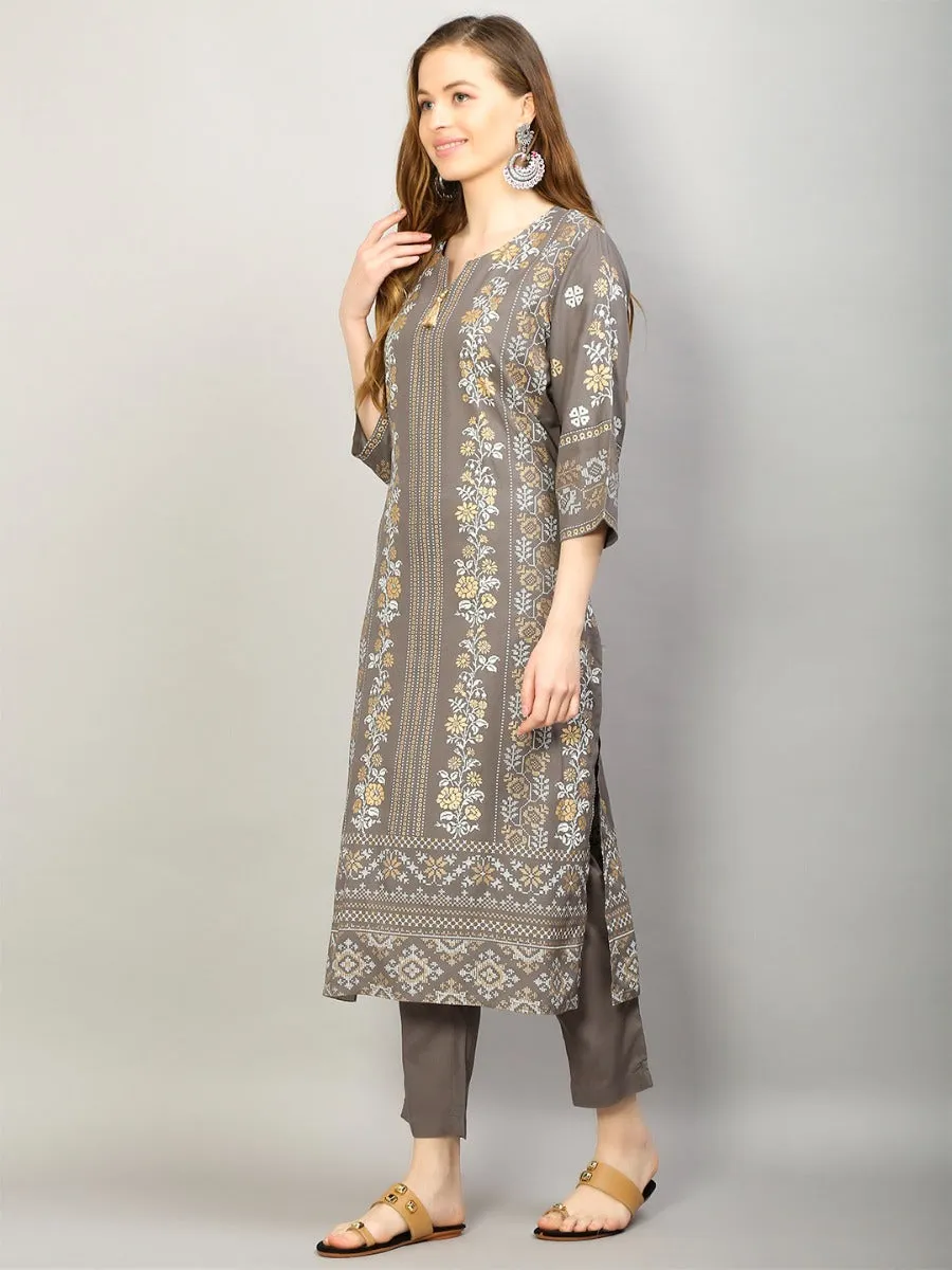 Women Grey Floral Printed Kurta Trouser Dupatta