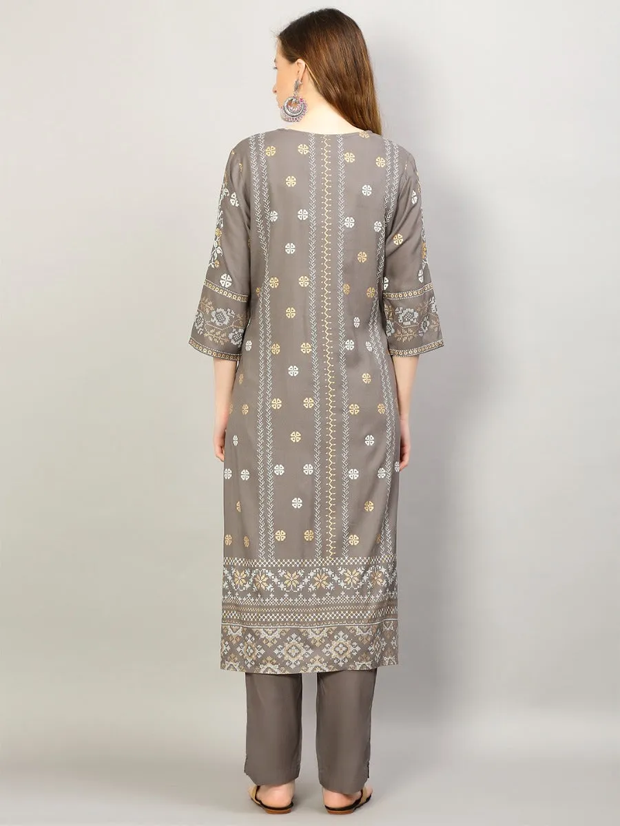 Women Grey Floral Printed Kurta Trouser Dupatta