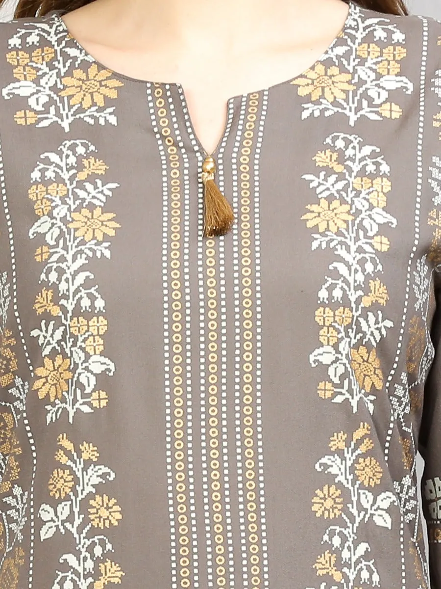 Women Grey Floral Printed Kurta Trouser Dupatta