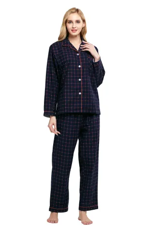 Women's Cotton Long Sleeve Flannel Pajama Set-Navy Blue Plaid