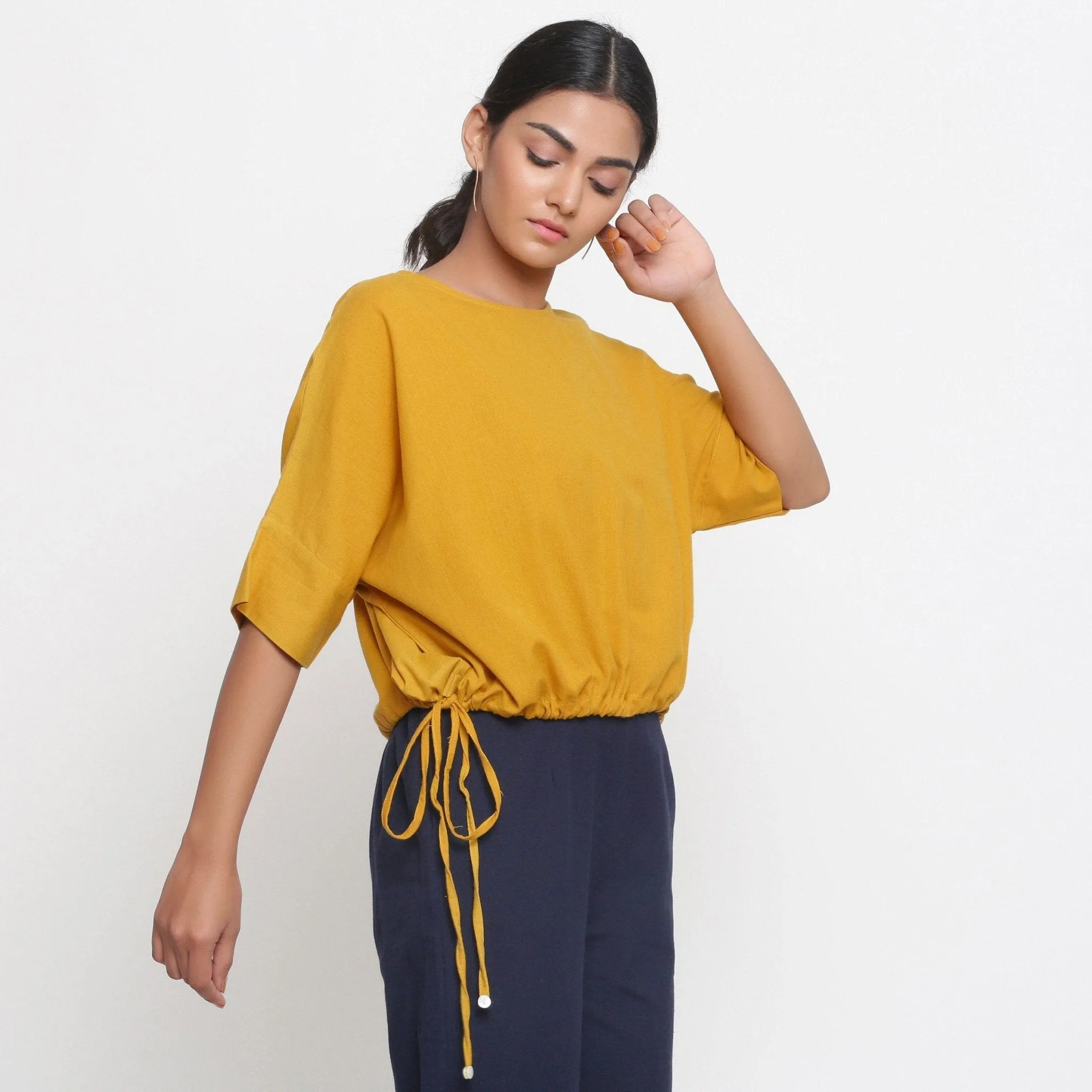 Yellow Cotton Flax Round Neck Blouson Top