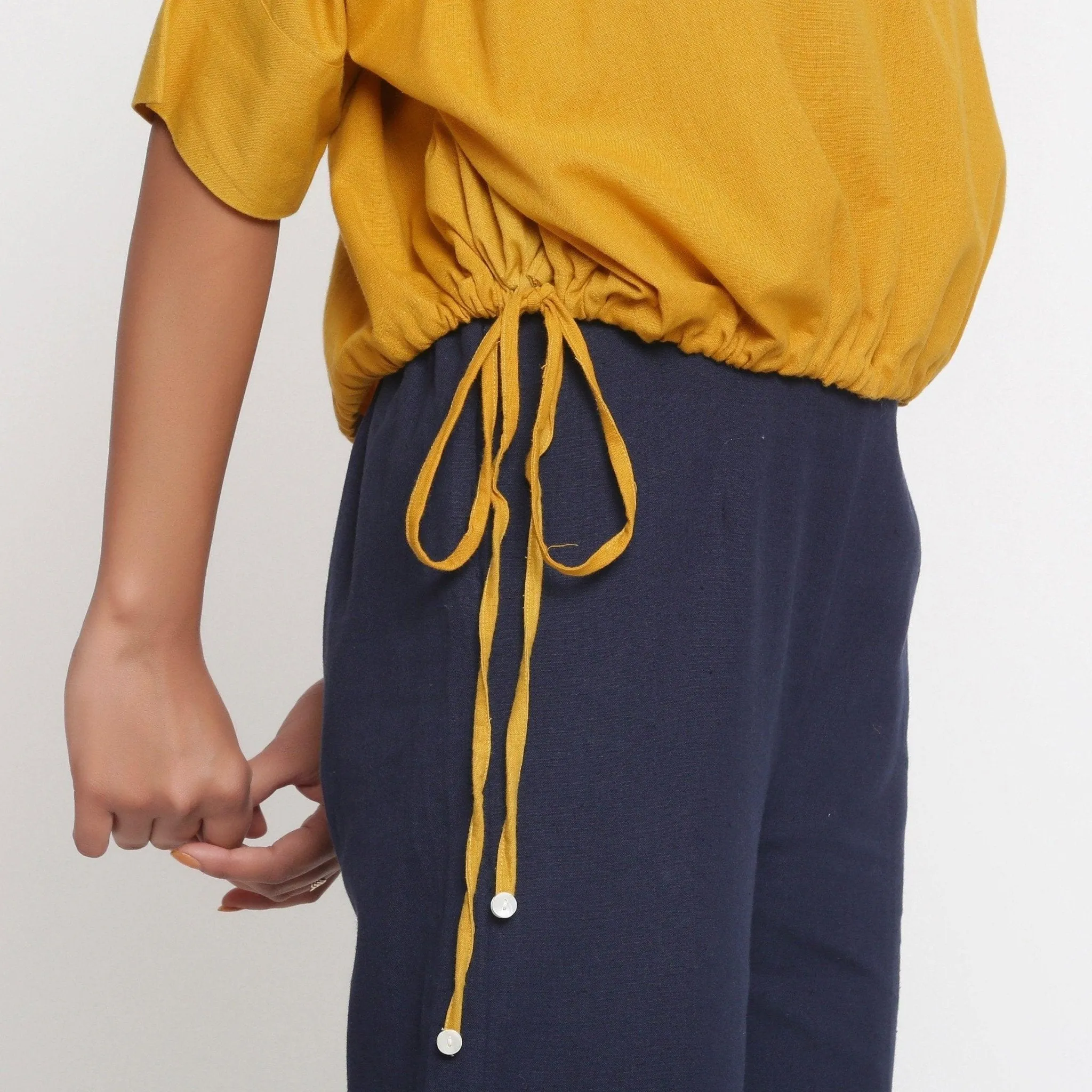 Yellow Cotton Flax Round Neck Blouson Top