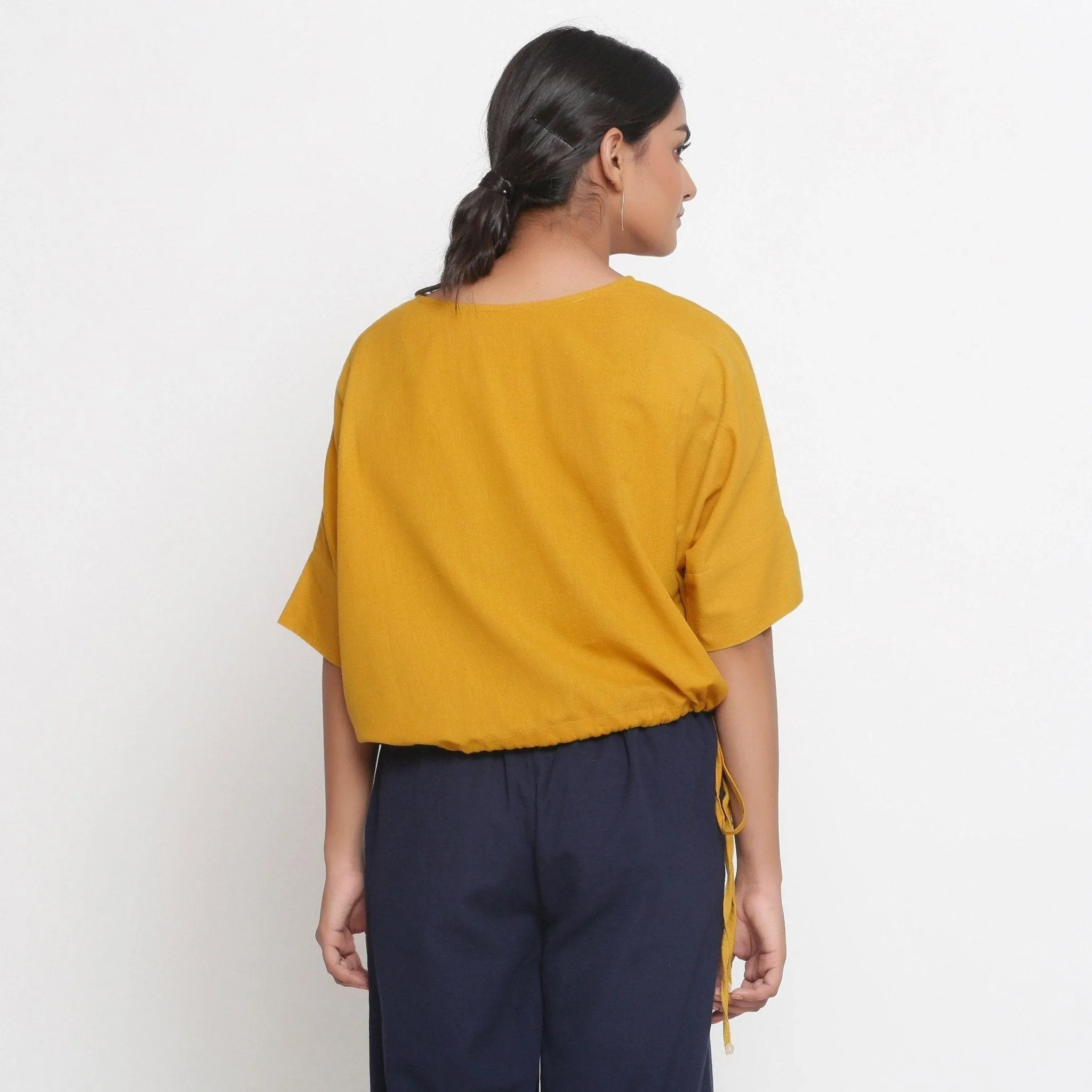 Yellow Cotton Flax Round Neck Blouson Top