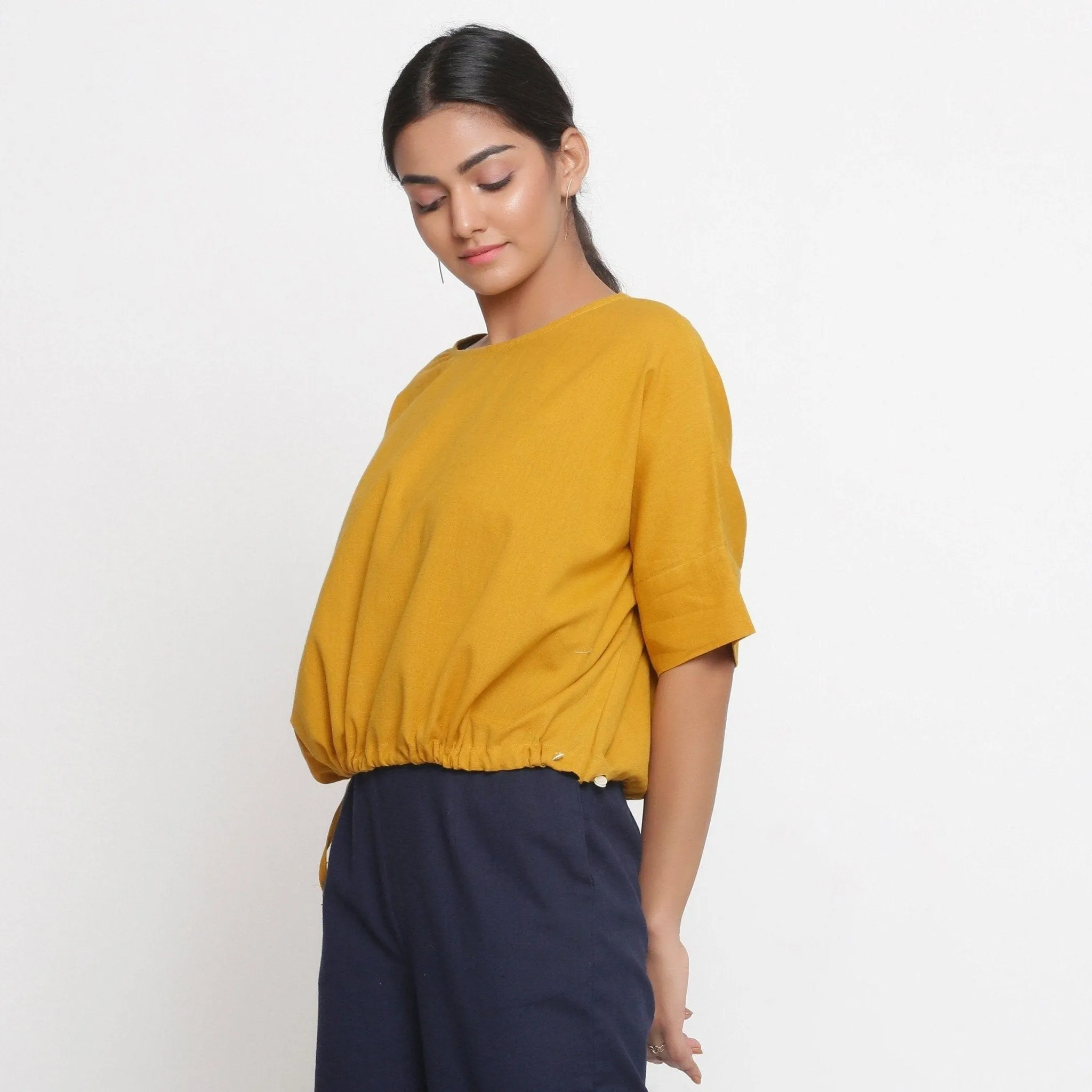 Yellow Cotton Flax Round Neck Blouson Top