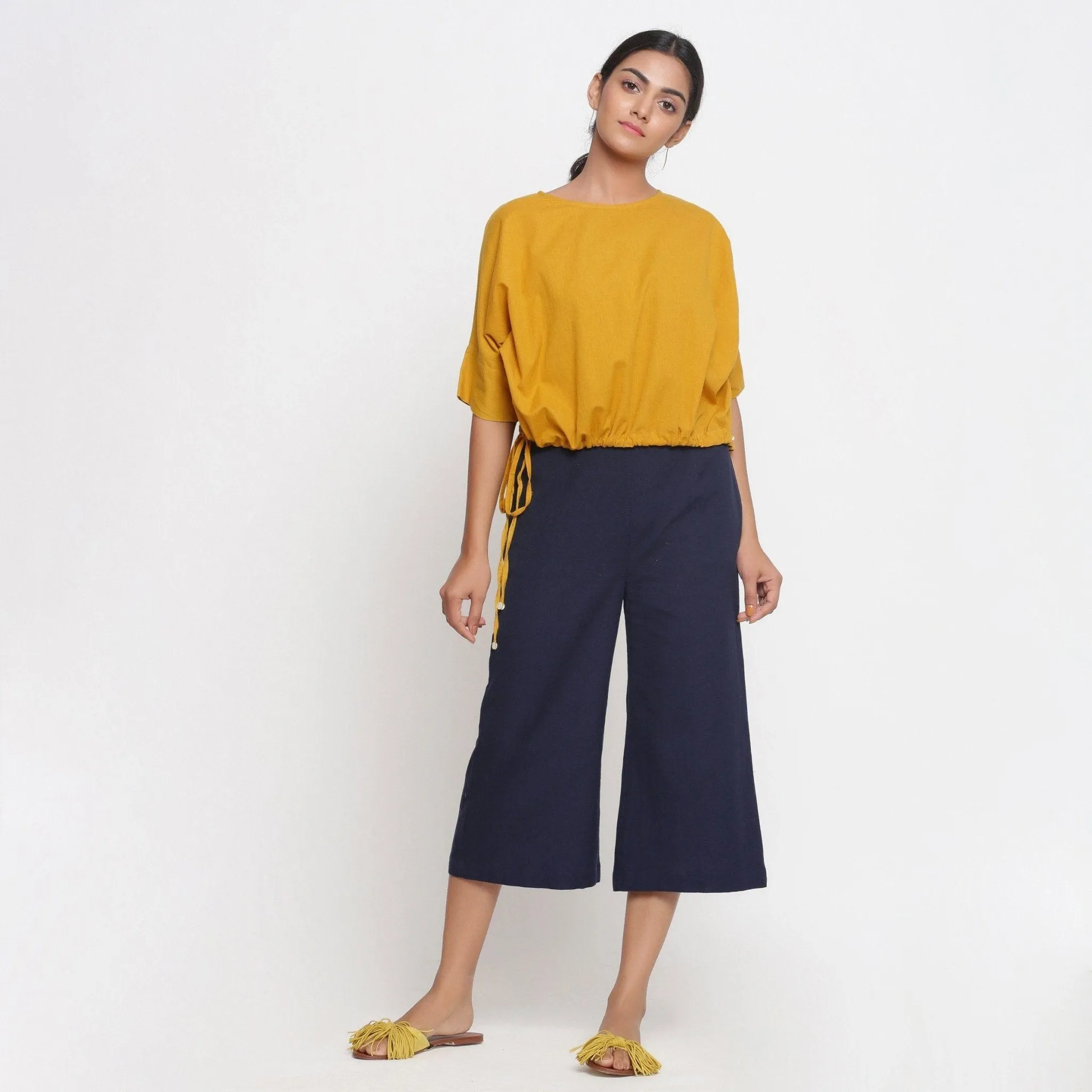 Yellow Cotton Flax Round Neck Blouson Top